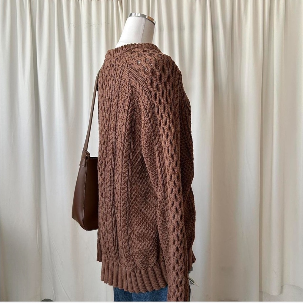 L.L. Bean Brown Cable Knit Fisherman Crewneck Sweater - Picture 4 of 7